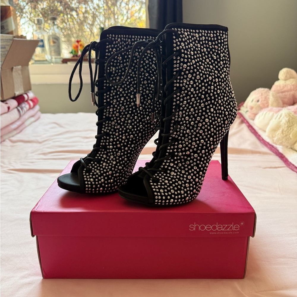 Shoe Dazzle Black Rhinestone Lace-Up Peep-Toe Booties
